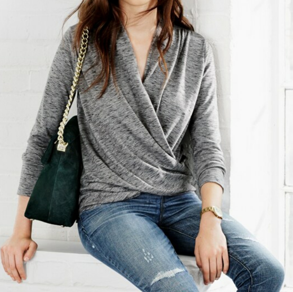 New York & Company wrap shimmering grey top